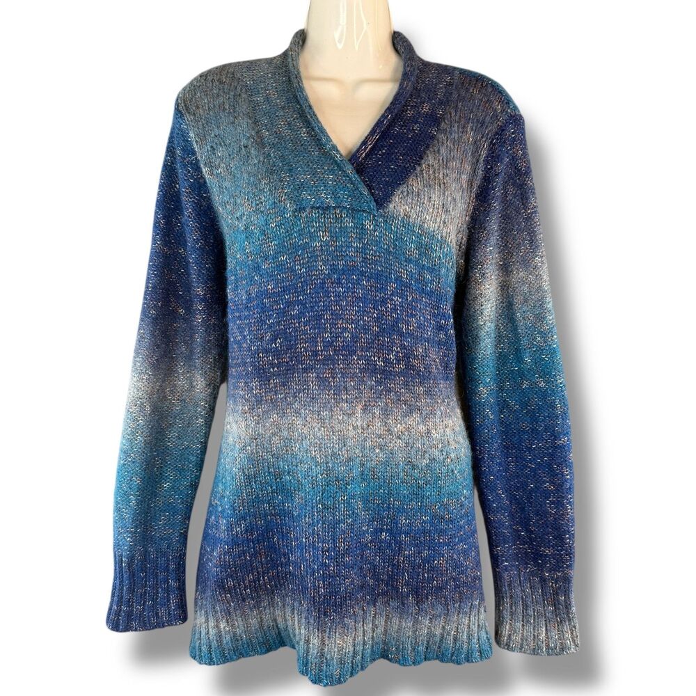 Vintage Whimsy Cottage Blue Multi Toned Long Sleeve Knit Sweater Size L/14 Retro